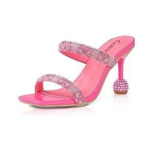 CAMSSOO Women's Double 
Rhinestones strap Heels Sandals Rose Red size 42